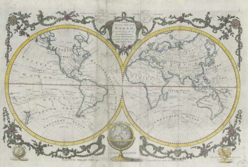 An antique world map with ornate border